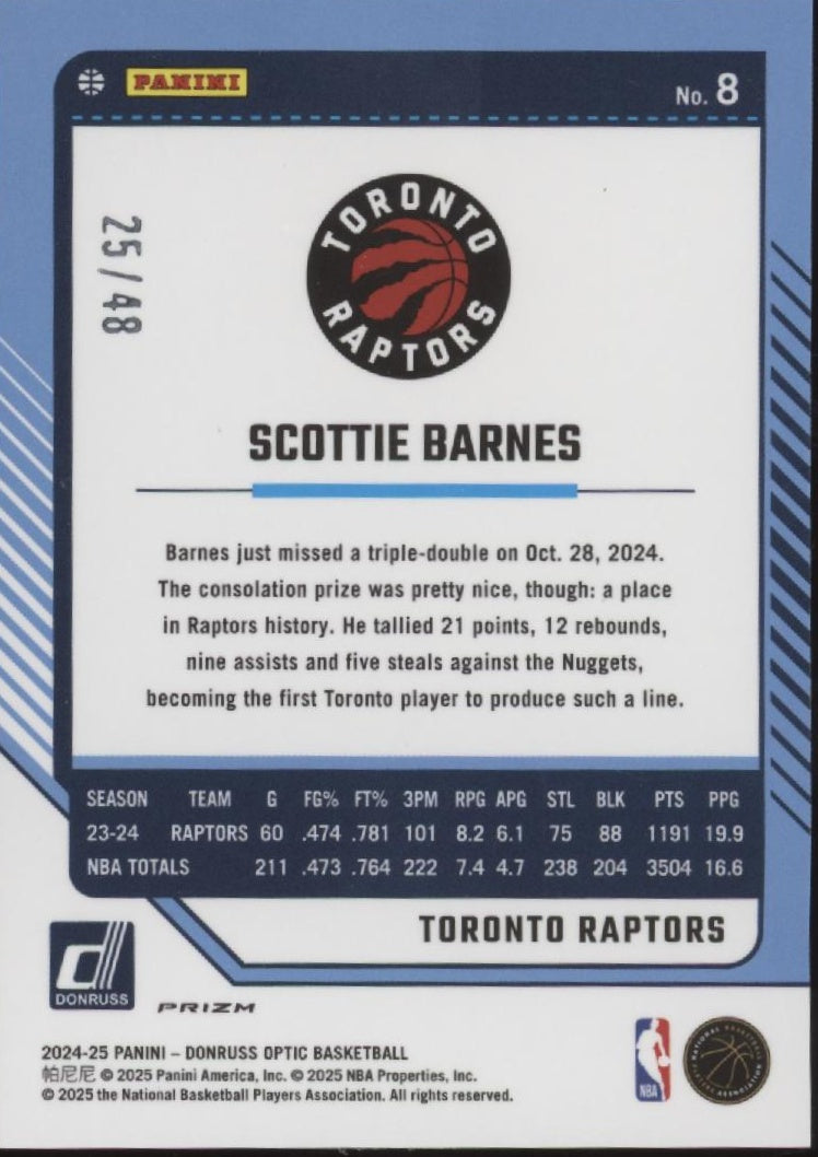Scottie Barnes 2024-25 Panini Donruss Optic White Mojo Prizm 25/48 #8