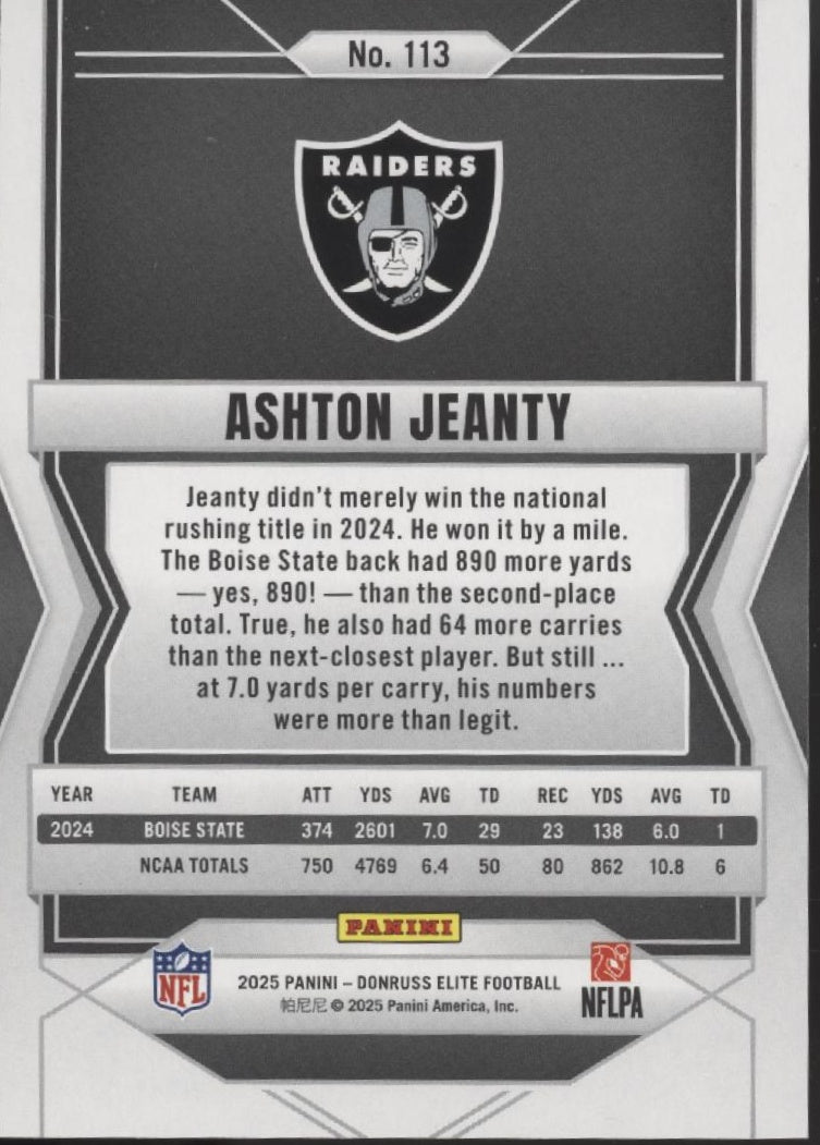 Ashton Jeanty 2025 Panini Donruss Elite Holo RC 161/999 #113