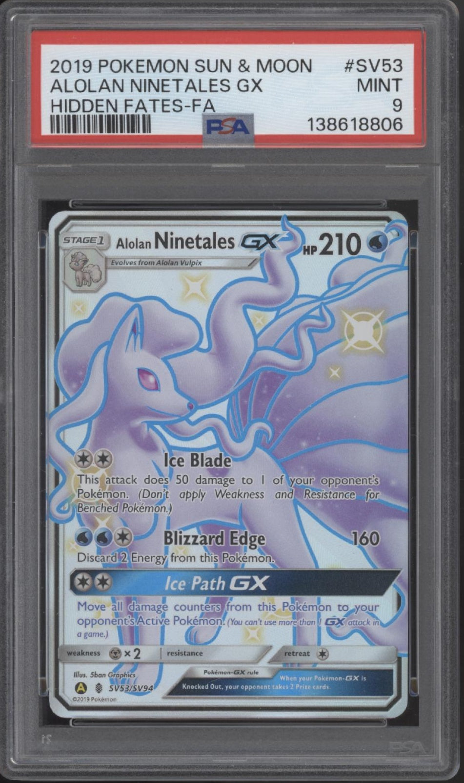 Alolan Ninetales GX Pokemon Hidden Fates Full Art #SV53 PSA 9
