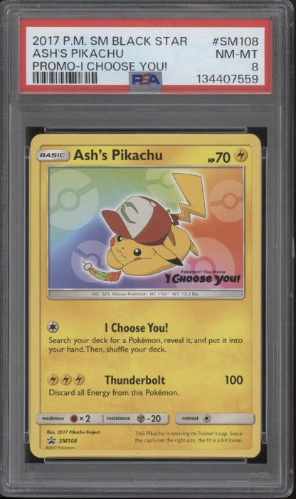 Ash's Pikachu Pokemon Black Star Promo I Choose You! #SM108 PSA 8 #1