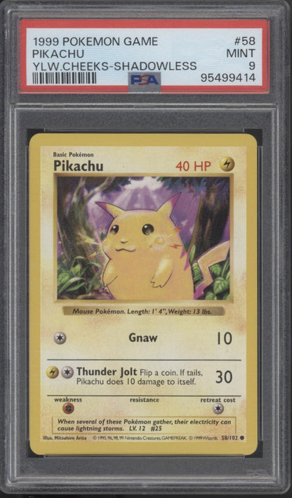 Pikachu Pokemon Base Set Yellow Cheeks Shadowless #58 PSA 9 Pikachu Pokemon Base Set Yellow Cheeks Shadowless #58 PSA 9