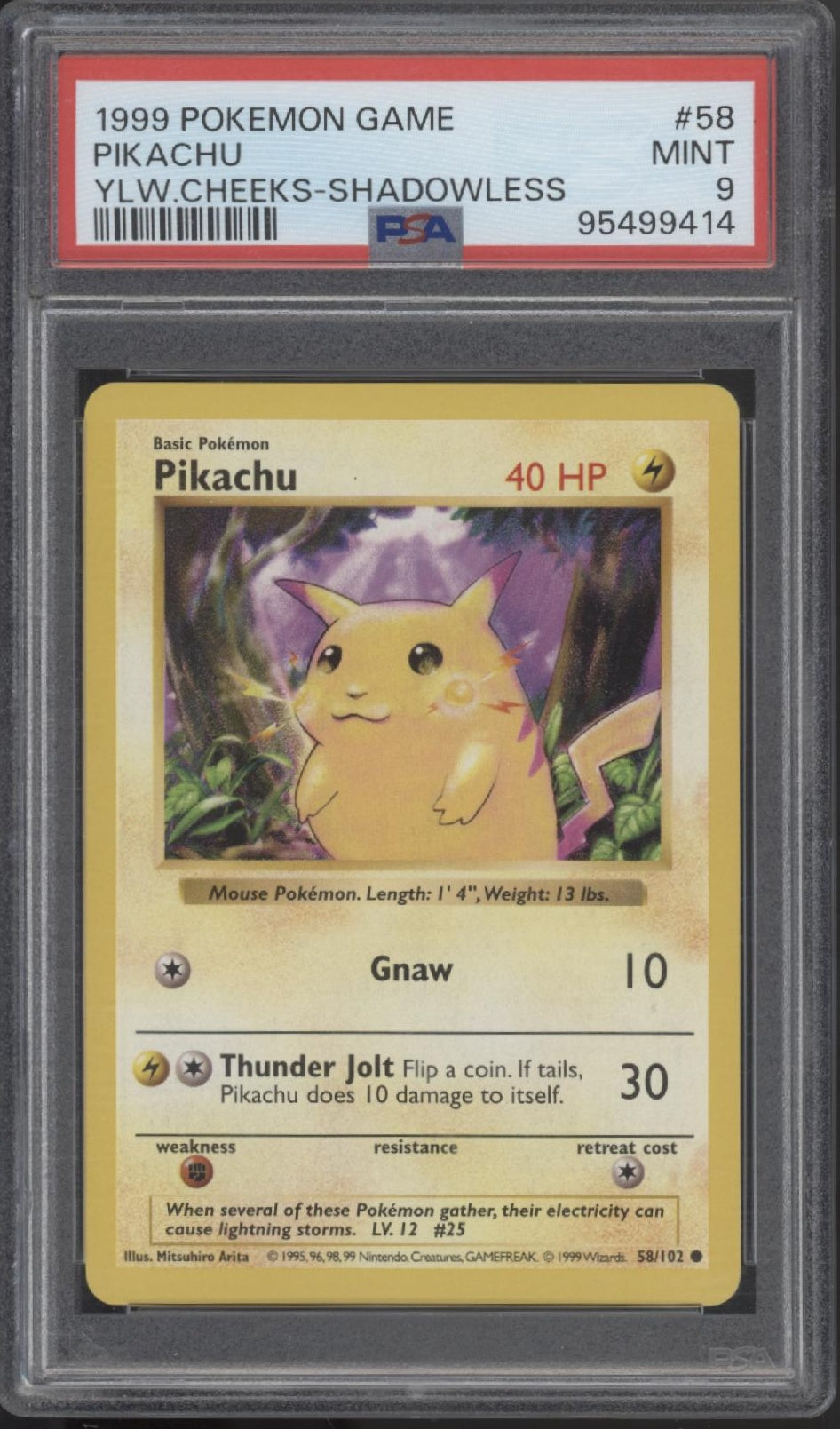 Pikachu Pokemon Base Set Yellow Cheeks Shadowless #58 PSA 9