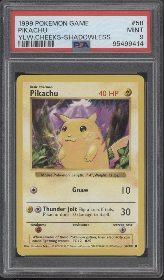 Pikachu Pokemon Base Set Yellow Cheeks Shadowless #58 PSA 9