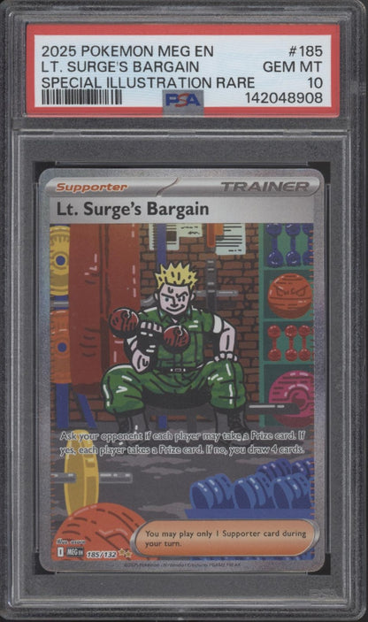 Lt. Surge's Bargain Pokemon Mega Evolution Special Illustration Rare #185 PSA 10 Lt. Surge's Bargain Pokemon Mega Evolution Special Illustration Rare #185 PSA 10