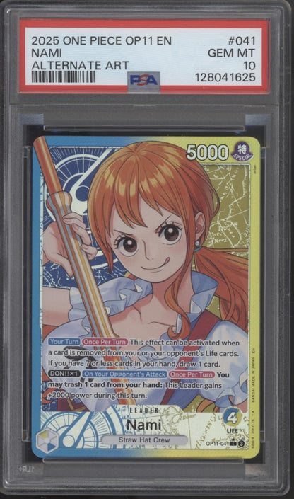 one piece card game nami leader Nami One Piece Card Game A Fist of Divine Speed Alternate Art #041 PSA 10