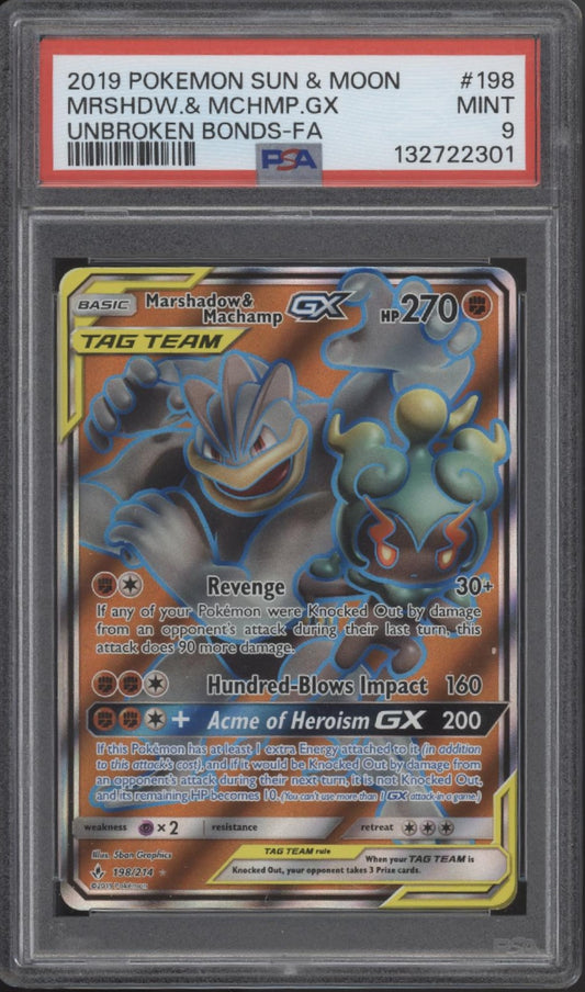 Marshadow & Machamp GX Pokemon Unbroken Bonds Full Art #198 PSA 9