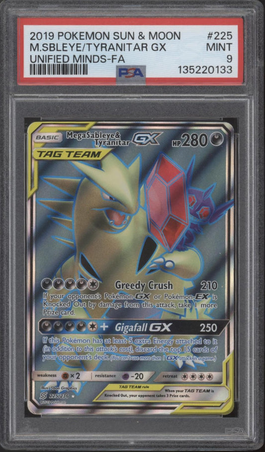 Mega Sableye & Tyranitar GX Pokemon Unified Minds Full Art #225 PSA 9