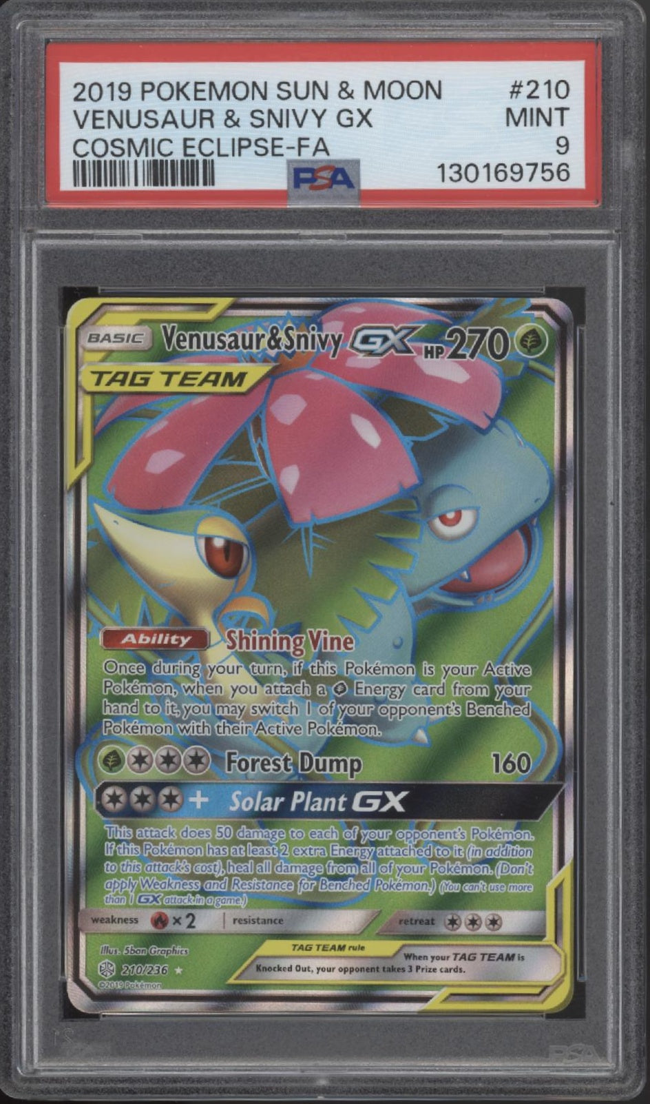 Venusaur & Snivy GX Pokemon Cosmic Eclipse Full Art #210 PSA 9