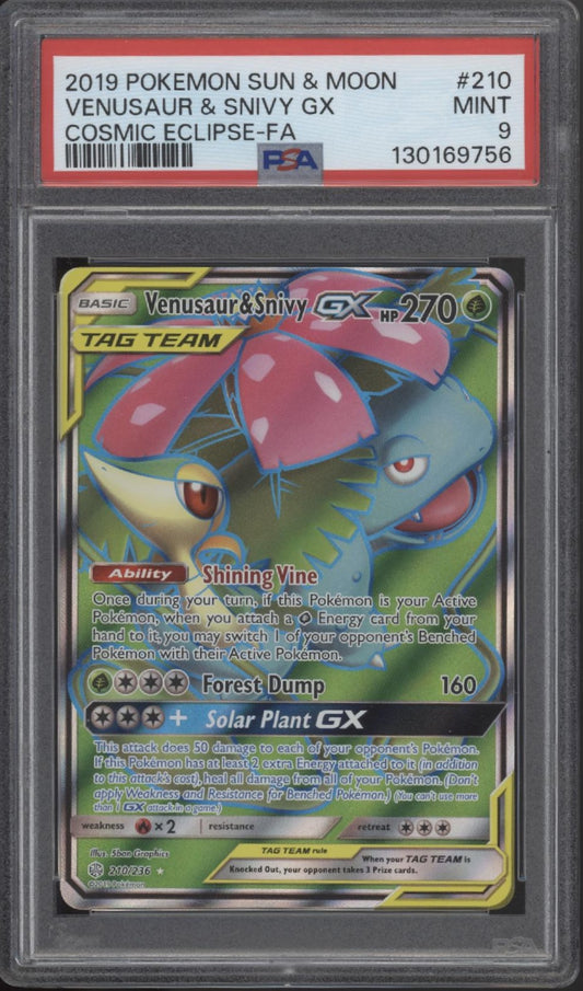 Venusaur & Snivy GX Pokemon Cosmic Eclipse Full Art #210 PSA 9