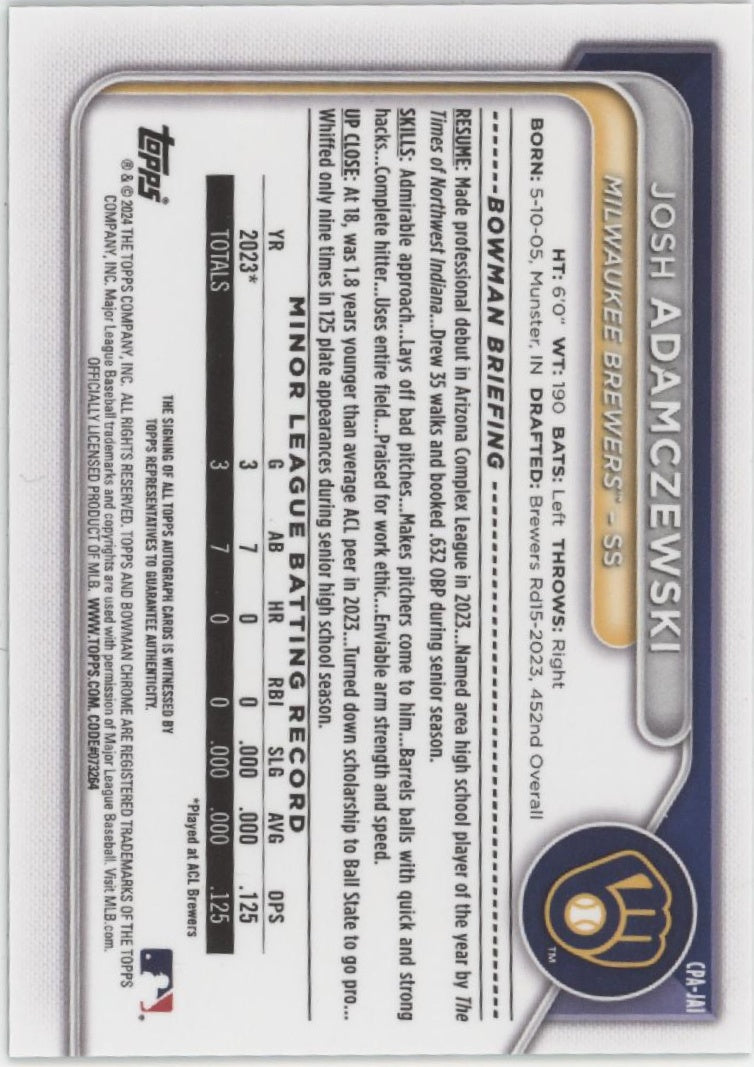 Josh Adamczewski 2024 Bowman Chrome Green Refractor Auto 11/99 #CPA-JAI