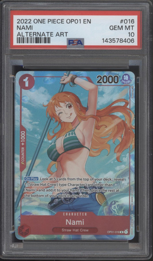 Nami One Piece Card Game Romance Dawn Alternate Art Pre-Errata #016 PSA 10