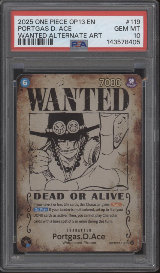 Portgas D Ace One Piece Carrying On His Will Wanted Art Misprint #119 PSA 10