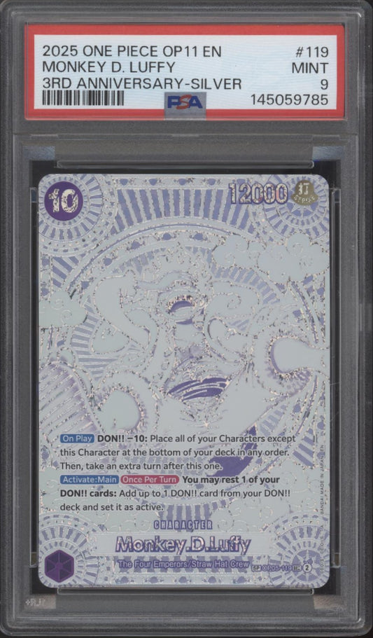 Monkey D Luffy One Piece Card Game OP11 3rd Anniversary Silver #119 PSA 9