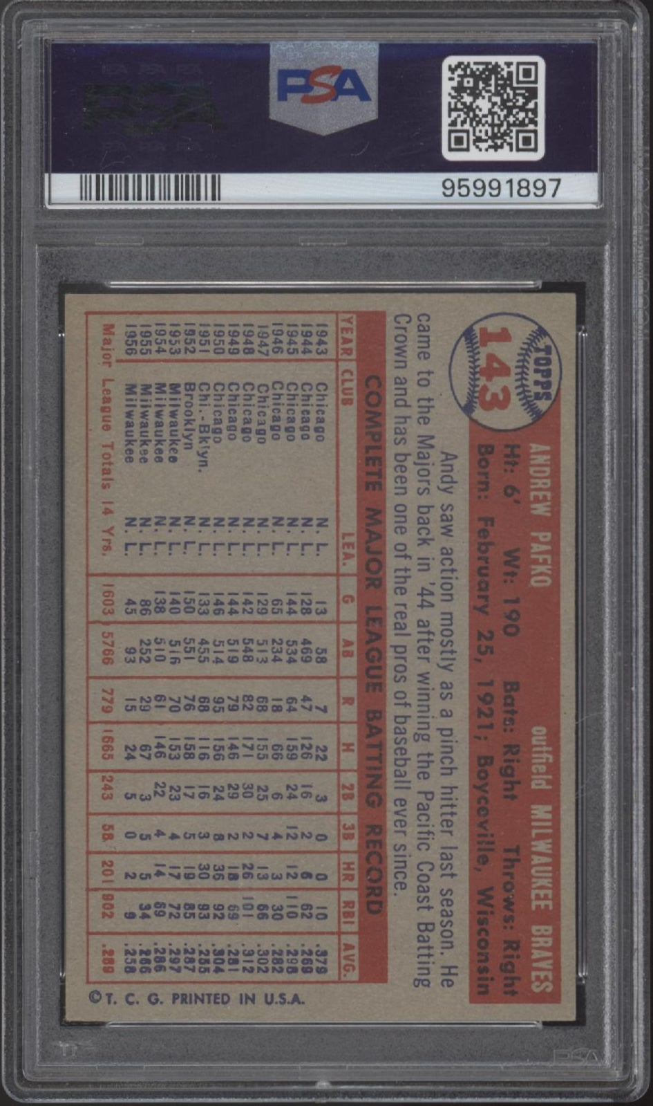 Andy Pafko 1957 Topps #143 PSA 7