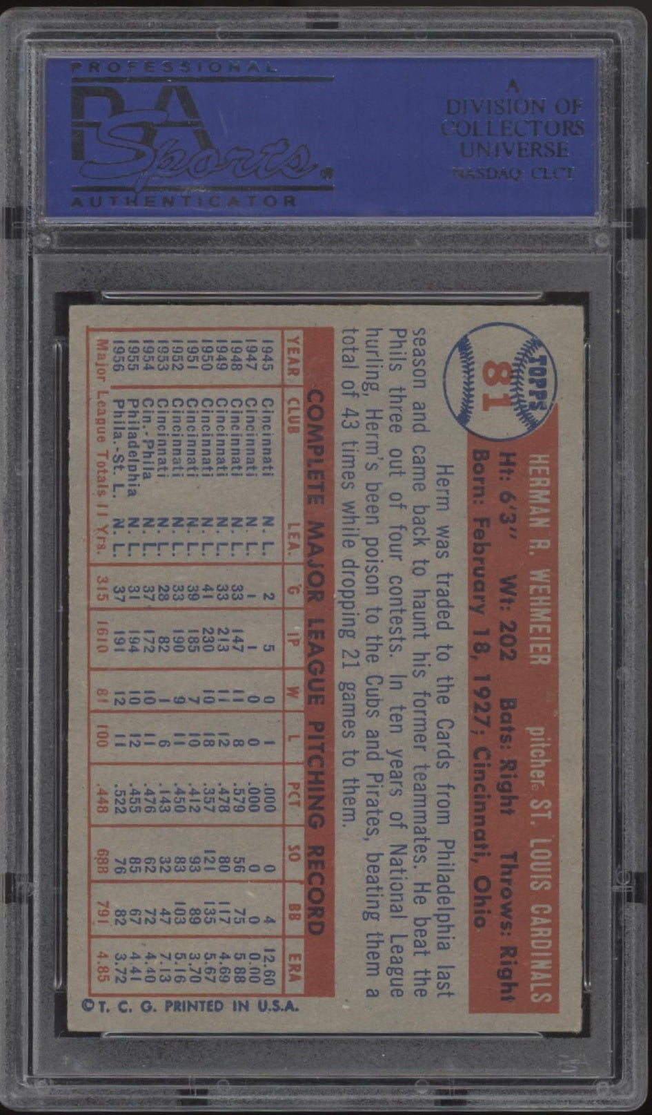 Herm Wehmeier 1957 Topps #81 PSA 7