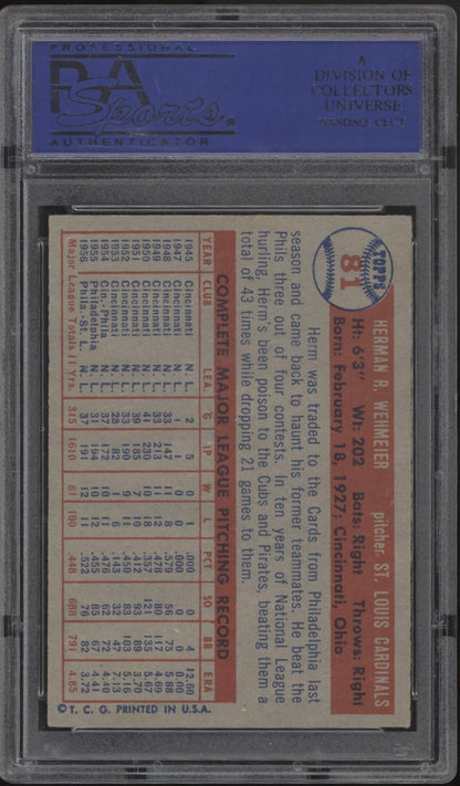 Herm Wehmeier 1957 Topps #81 PSA 7