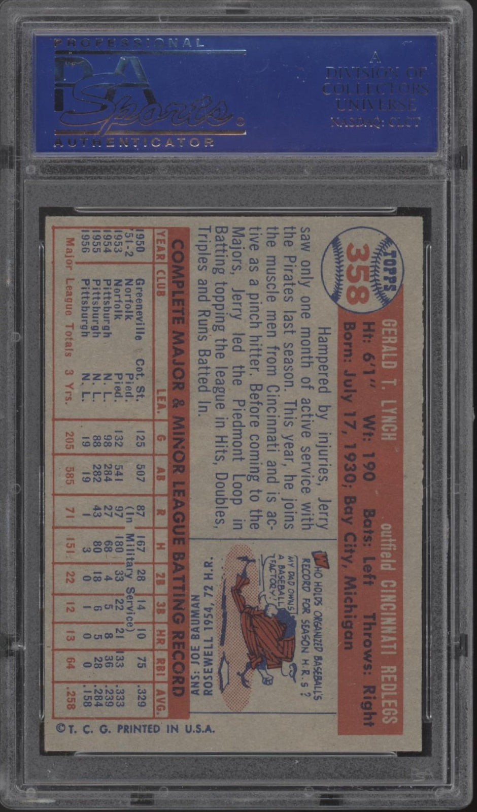 Jerry Lynch 1957 Topps #358 PSA 7