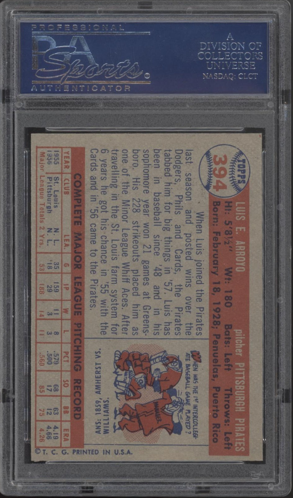 Luis Arroyo 1957 Topps #394 PSA 7