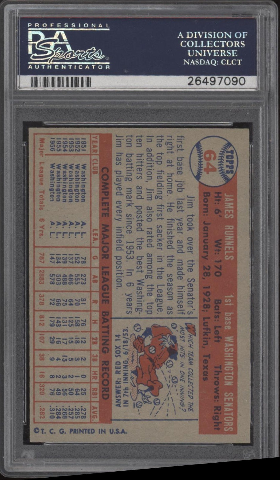 Pete Runnels 1957 Topps #64 PSA 7