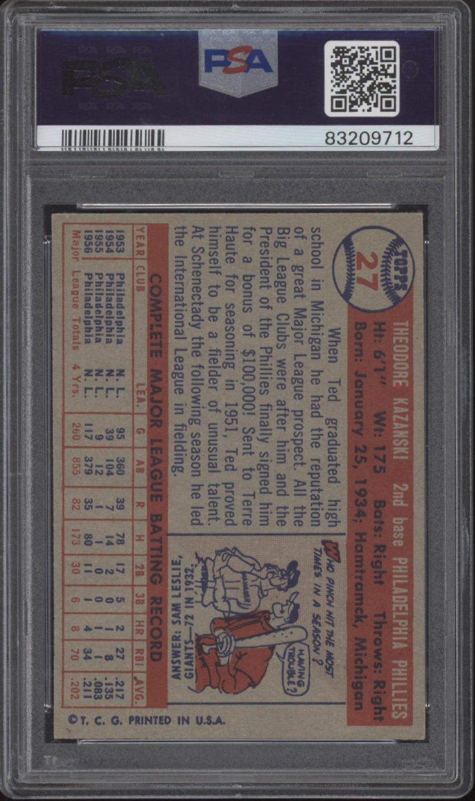 Ted Kazanski 1957 Topps #27 PSA 7