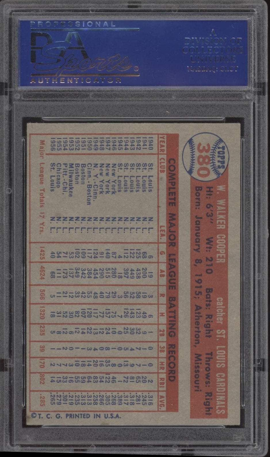 Walker Cooper 1957 Topps #380 PSA 7