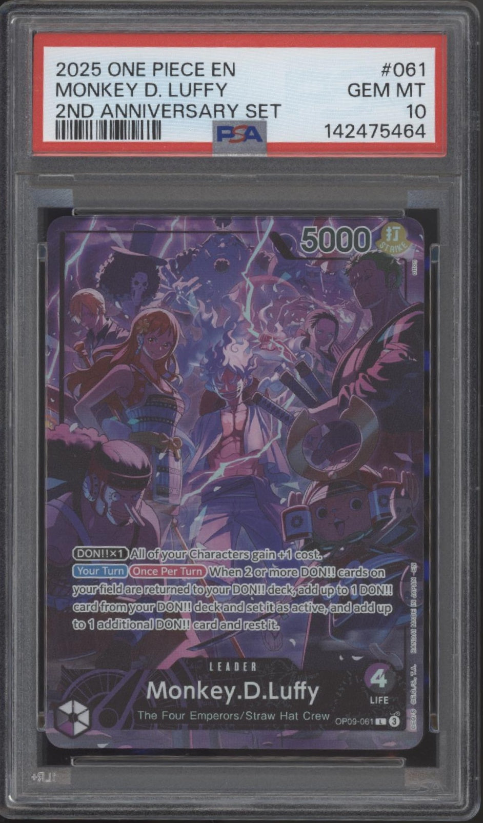 Monkey D Luffy One Piece Card Game 2nd Anniversary Set #061 PSA 10