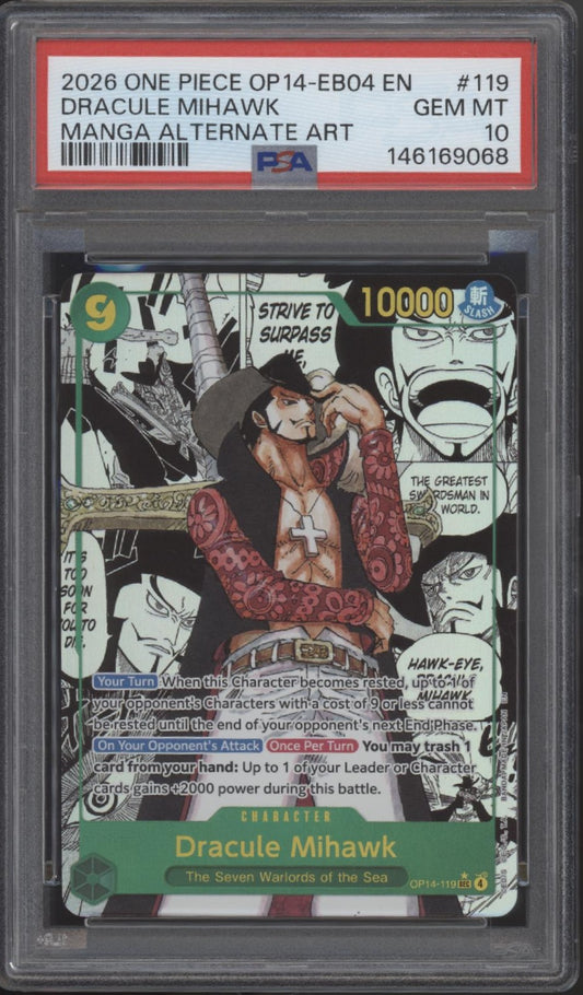 Dracule Mihawk One Piece Card Game OP14-EB04 Manga Alt Art PSA 10