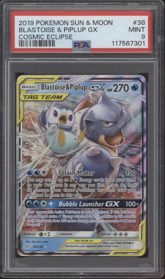 Blastoise & Piplip GX Pokemon Cosmic Eclipse #38 PSA 9