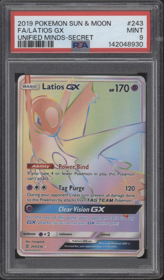 Latios GX Pokemon Unified Minds Full Art Secret #243 PSA 9