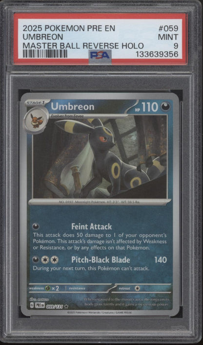 Umbreon Pokemon Prismatic Evolutions Master Ball Reverse Holo #059 PSA 9
