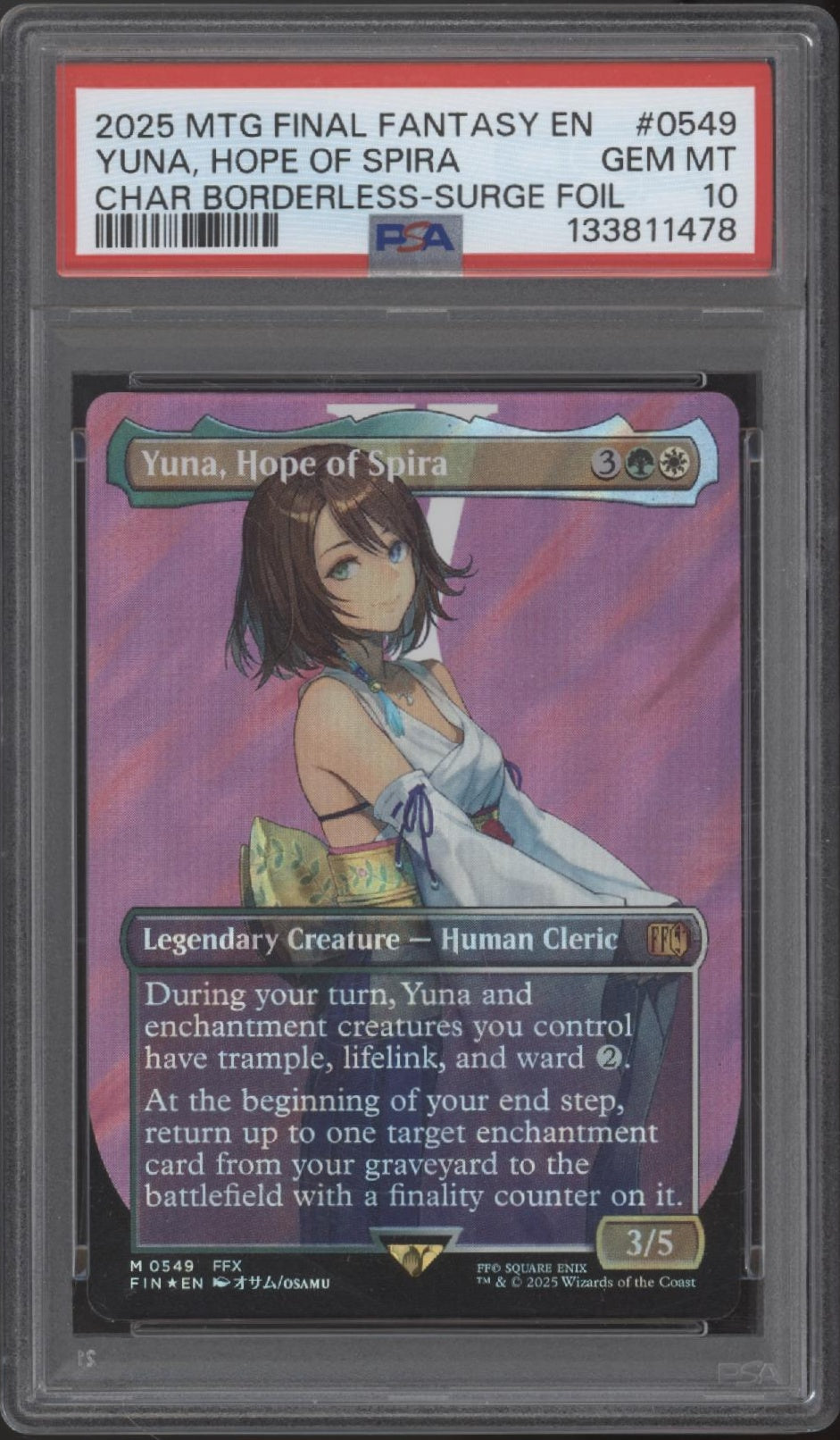 Yuna, Hope of Spira MTG Final Fantasy Character Borderless Surge Foil PSA 10