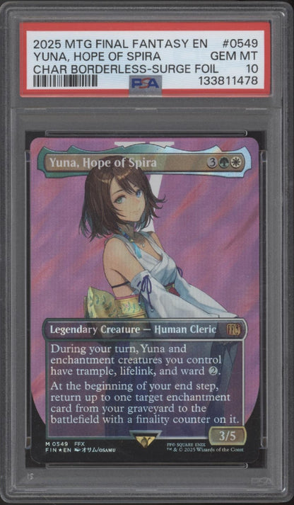 Yuna, Hope of Spira MTG Final Fantasy Character Borderless Surge Foil PSA 10
