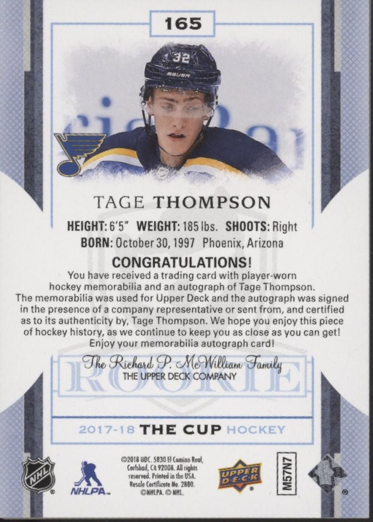 Tage Thompson 2017-18 Upper Deck The Cup Rookie Swatch Auto 017/249 #165