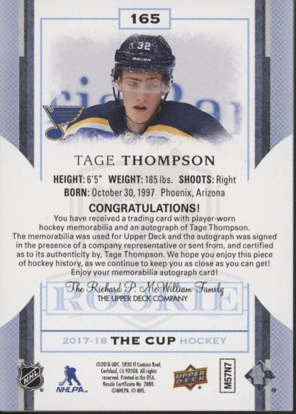 Tage Thompson 2017-18 Upper Deck The Cup Rookie Swatch Auto 017/249 #165