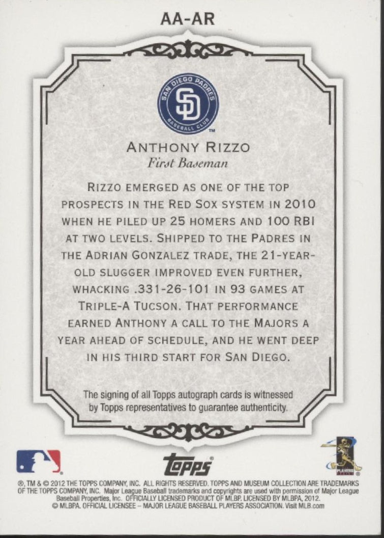 Anthony Rizzo 2012 Topps Museum Collection Archival Auto 024/399 #AA-AR