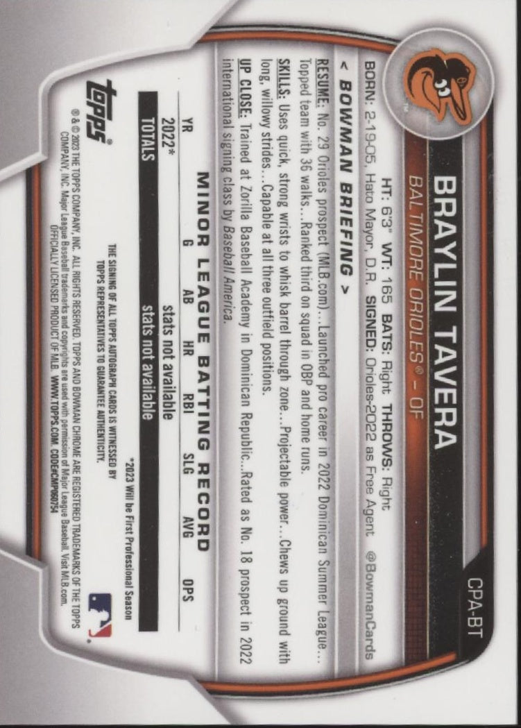 Braylin Tavera 2023 Bowman Chrome Yellow Refractor Auto 67/75 #CPA-BT