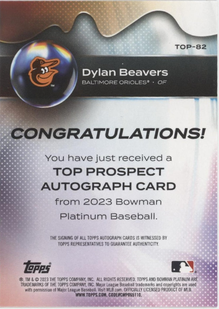 Dylan Beavers 2023 Bowman Platinum Auto #TOP-82
