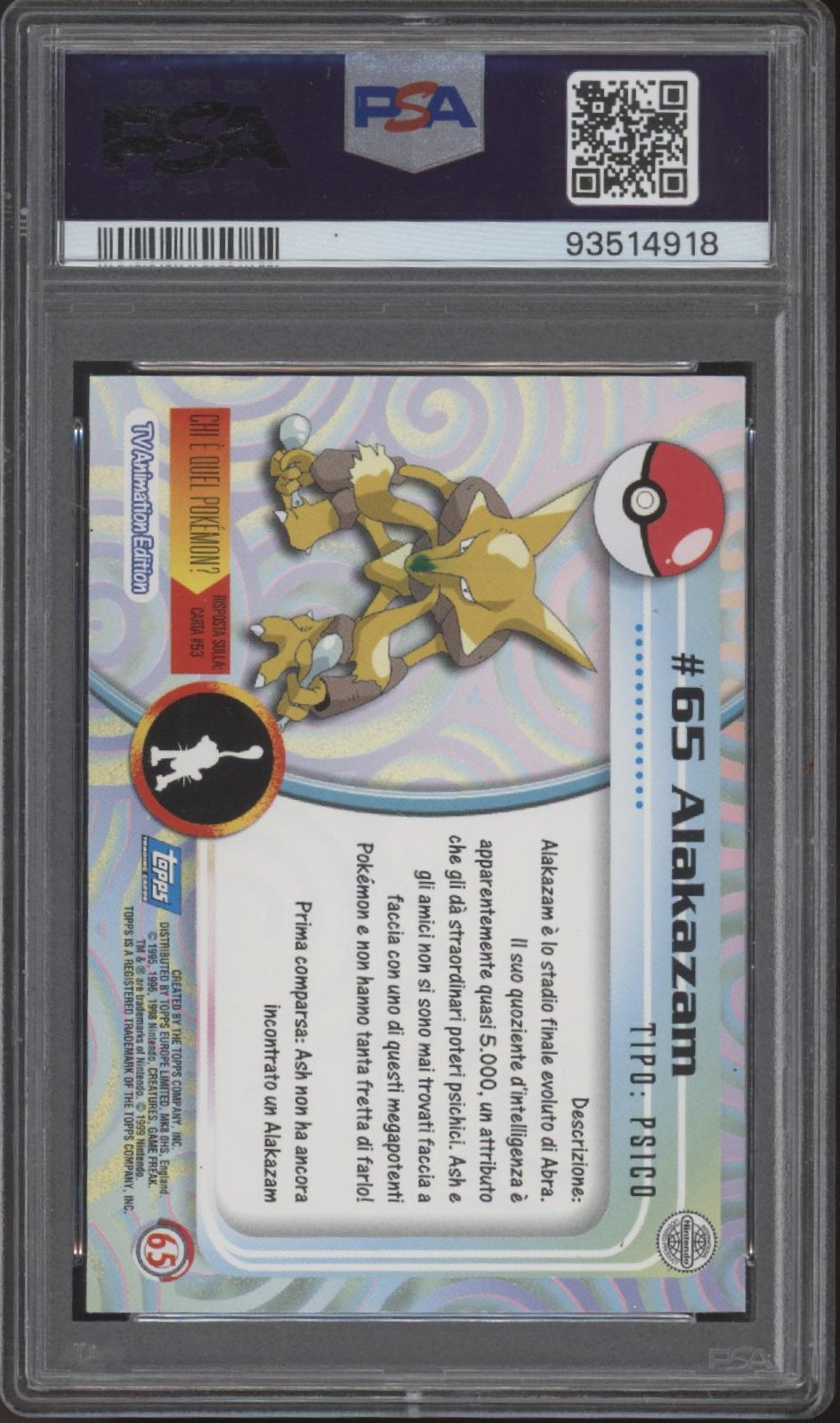 Alakazam Pokemon Topps TV Foil Italian #65 PSA 8