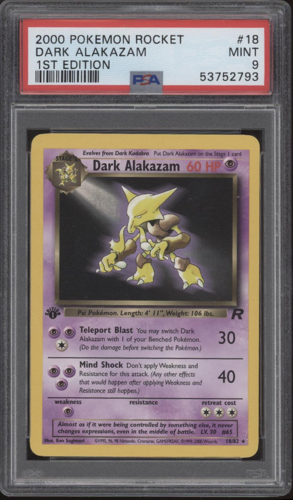 Dark Alakazam Pokemon Team Rocket 1st Edition #18 PSA 9