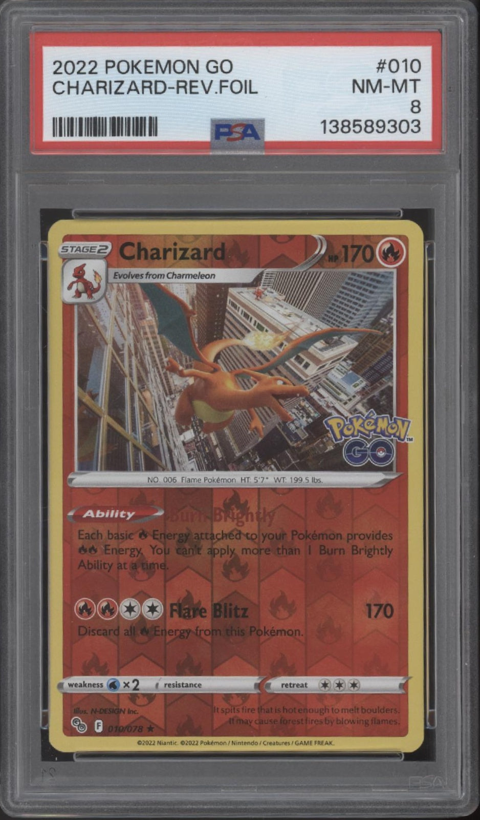 Charizard Pokemon GO Reverse Holo #010 PSA 8