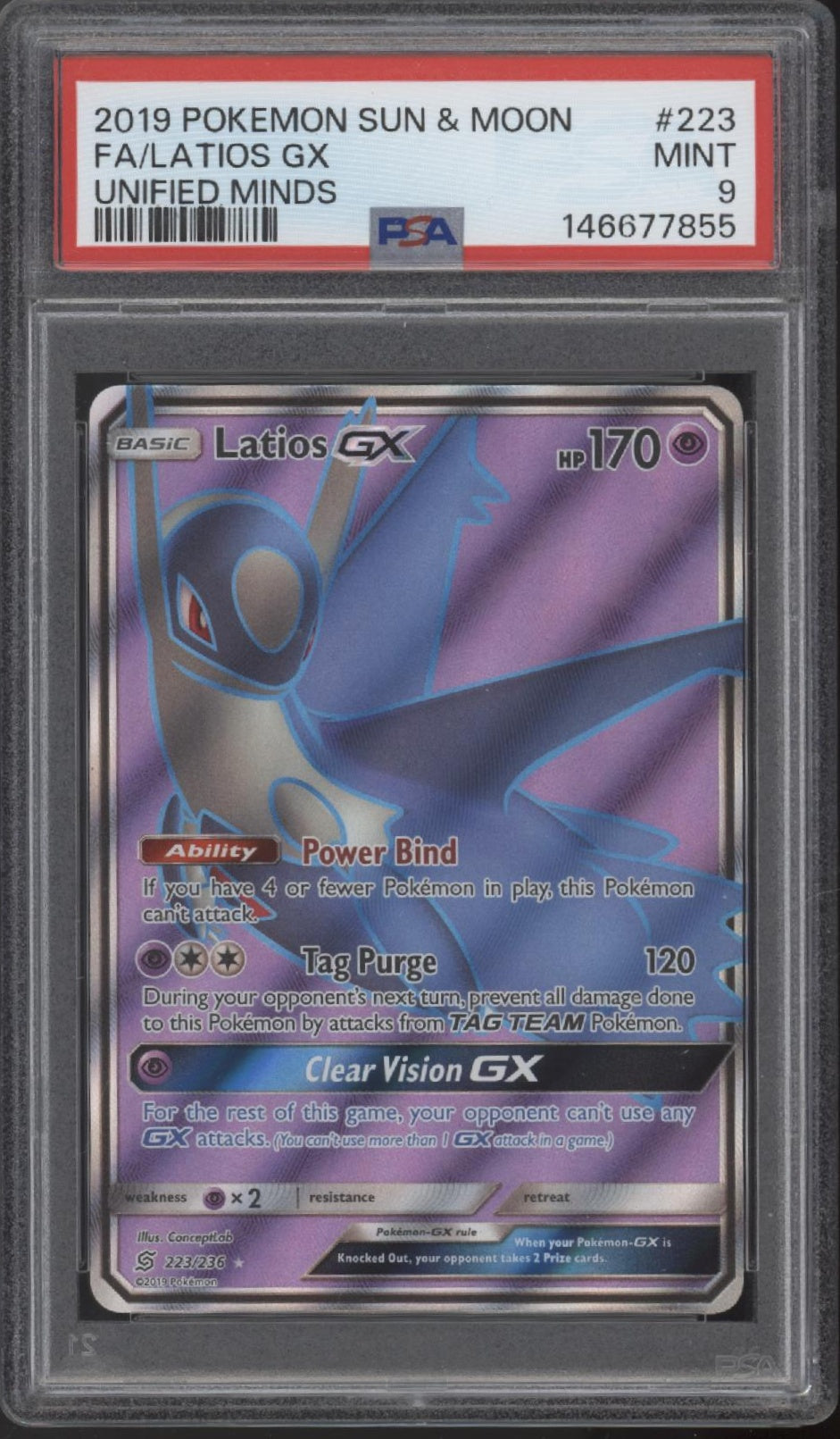 Latios GX Pokemon Unified Minds Full Art #223 PSA 9
