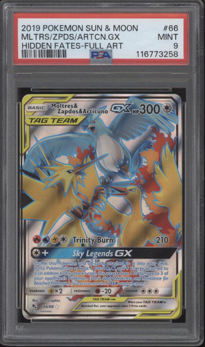 Moltres & Zapdos & Articuno GX Pokemon Hidden Fates Full Art #66 PSA 9