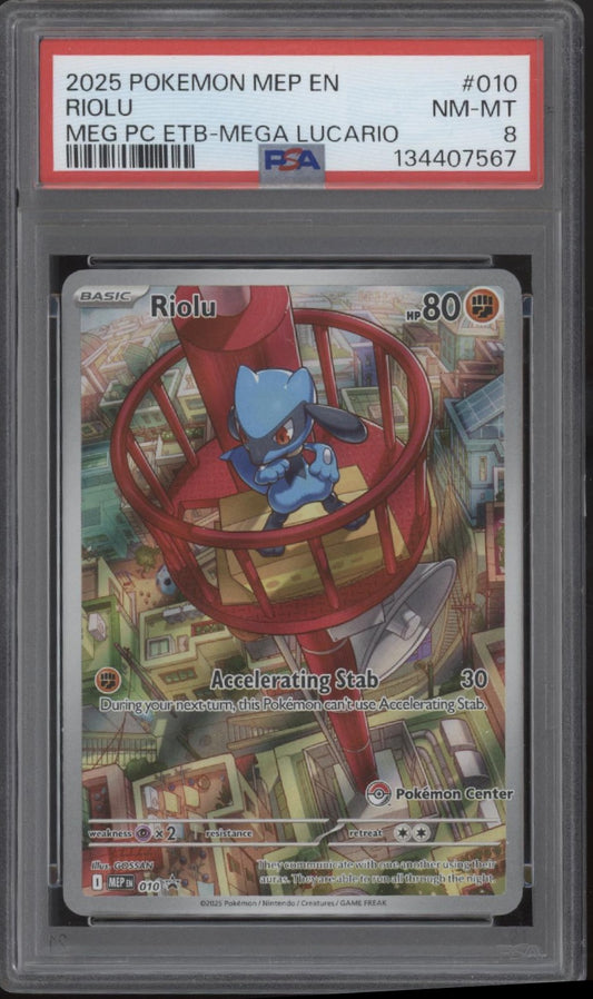 Riolu Pokemon Mega Evolution Pokemon Center Elite Trainer Box #010 PSA 8