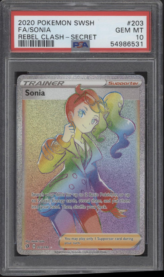 Sonia Pokemon Rebel Clash Full Art Secret #203 PSA 10