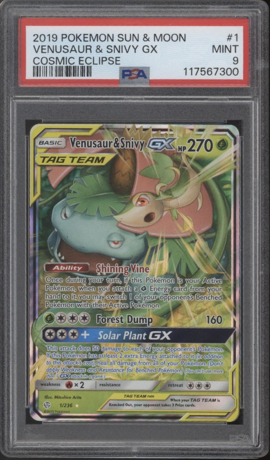 Venusaur & Snivy GX Pokemon Cosmic Eclipse #1 PSA 9