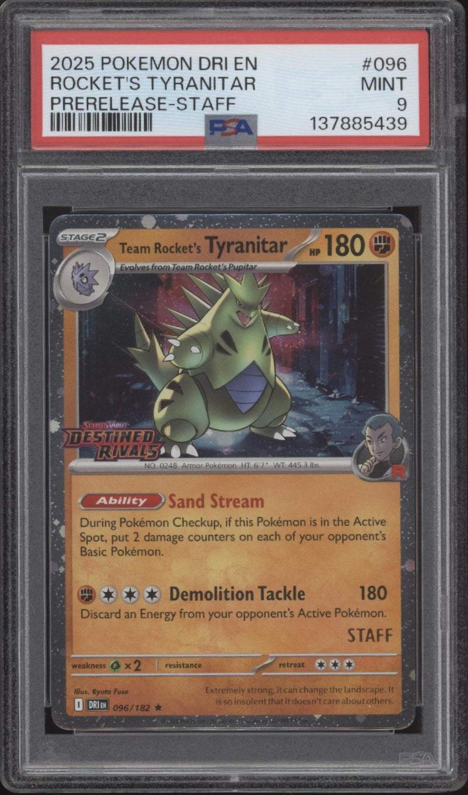 Rocket's Tyranitar Pokemon Destined Rivals Prerelease Staff Promo #096 PSA 9