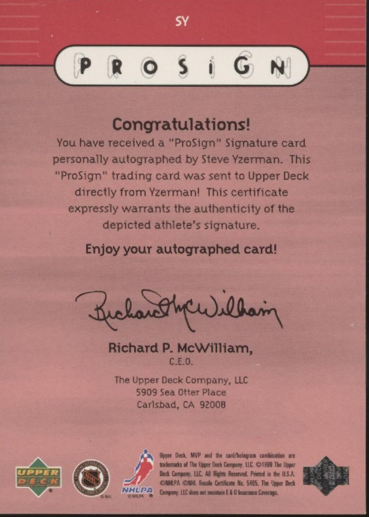 Steve Yzerman 1999 Upper Deck MVP Pro Sign Auto #SY