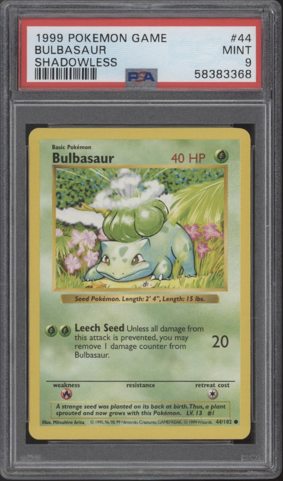 Bulbasaur Pokemon Base Set Shadowless #44 PSA 9