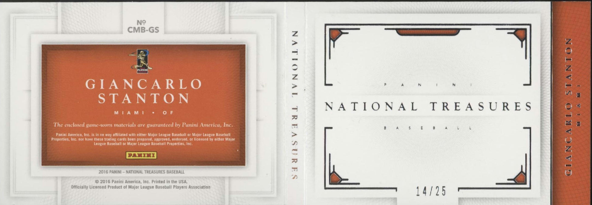 Giancarlo Stanton 2016 Panini National Treasures Dual Swatches 14/25 #CMB-GS