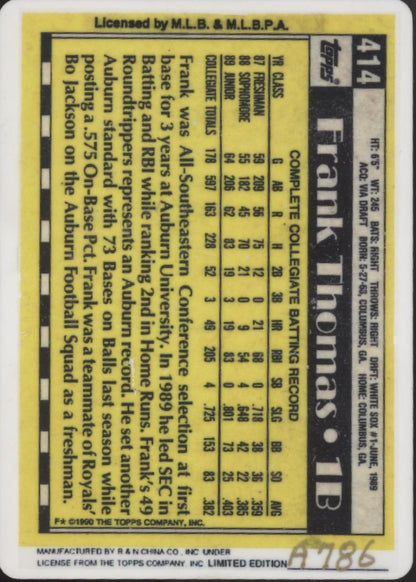Frank Thomas 1990 Topps Draft Pick Metal Card #414